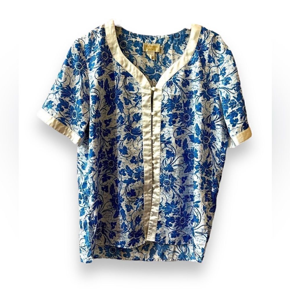 Victoria’s Secret Gold Label Pajama Top Sz S-M Blue White Floral Print Vintage
